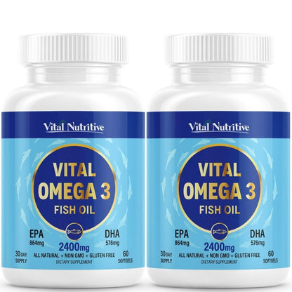 Vital Omega 3 Fish Oil Supplements 2400mg | 864mg EPA & 576mg DHA | 1440mg Total Omega-3 Fatty Acids | Promotes Brain & Heart Health | Non-GMO, Gluten-Free, Sugar-Free | Lemon | 60 Day Servings - dailyvitalstore
