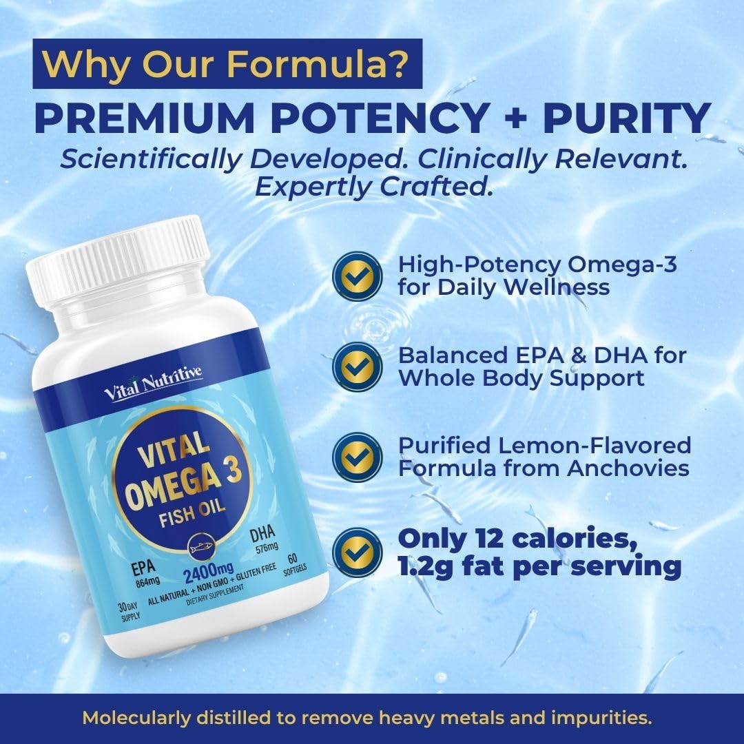Vital Omega 3 Fish Oil Supplements 2400mg | 864mg EPA & 576mg DHA | 1440mg Total Omega-3 Fatty Acids | Promotes Brain & Heart Health | Non-GMO, Gluten-Free, Sugar-Free | Lemon | 60 Day Servings - dailyvitalstore