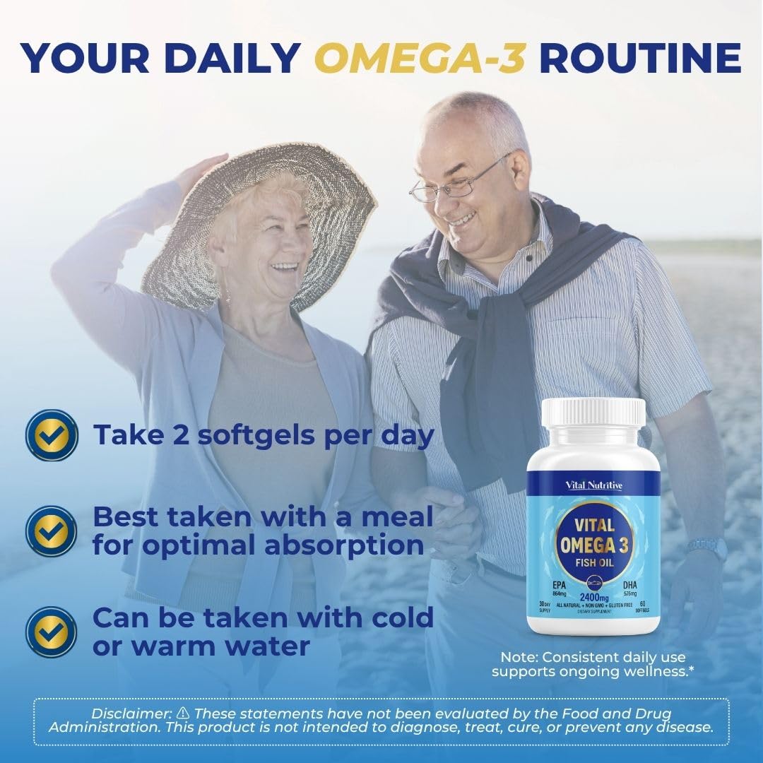 Vital Omega 3 Fish Oil Supplements 2400mg | 864mg EPA & 576mg DHA | 1440mg Total Omega-3 Fatty Acids | Promotes Brain & Heart Health | Non-GMO, Gluten-Free, Sugar-Free | Lemon | 60 Day Servings - dailyvitalstore