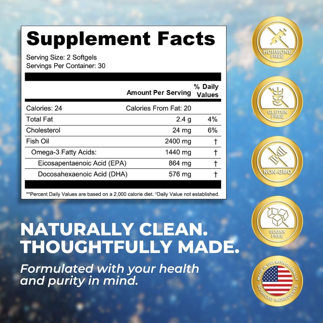 Vital Omega 3 Fish Oil Supplements 2400mg | 864mg EPA & 576mg DHA | 1440mg Total Omega-3 Fatty Acids | Promotes Brain & Heart Health | Non-GMO, Gluten-Free, Sugar-Free | Lemon | 60 Day Servings - dailyvitalstore