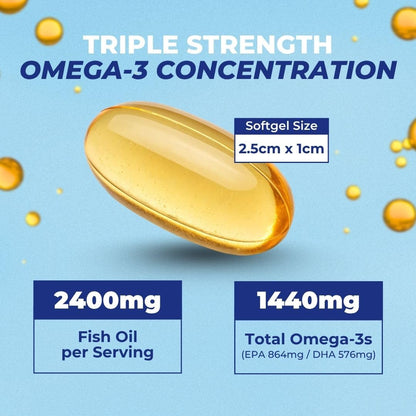 Vital Omega 3 Fish Oil Supplements 2400mg | 864mg EPA & 576mg DHA | 1440mg Total Omega-3 Fatty Acids | Promotes Brain & Heart Health | Non-GMO, Gluten-Free, Sugar-Free | Lemon | 60 Day Servings - dailyvitalstore