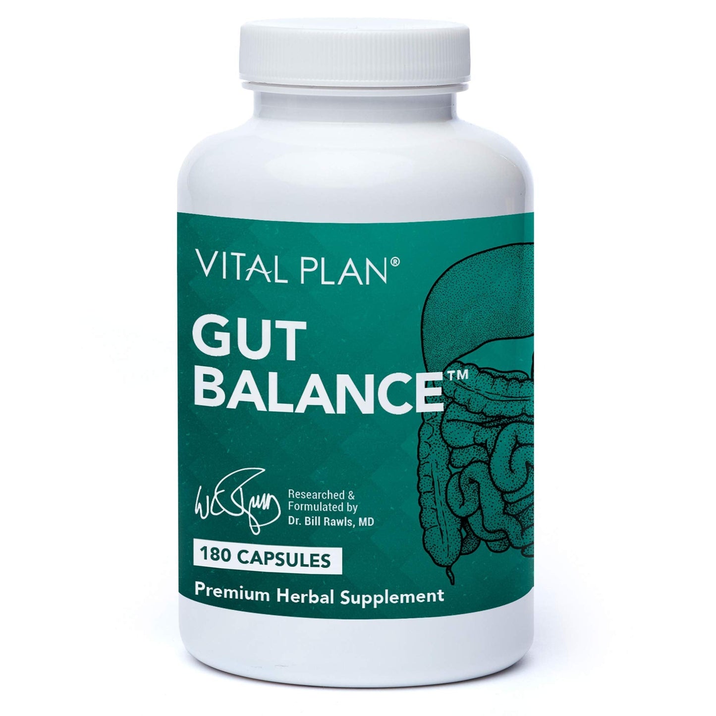 Vital Plan Gut Balance Supplement by Dr. Bill Rawls - Advanced Digestive Health Support Formula w/Clinical-Grade Slippery Elm Bark, Berberine & Dandelion Extract for Women & Men (180 Capsules) - dailyvitalstore
