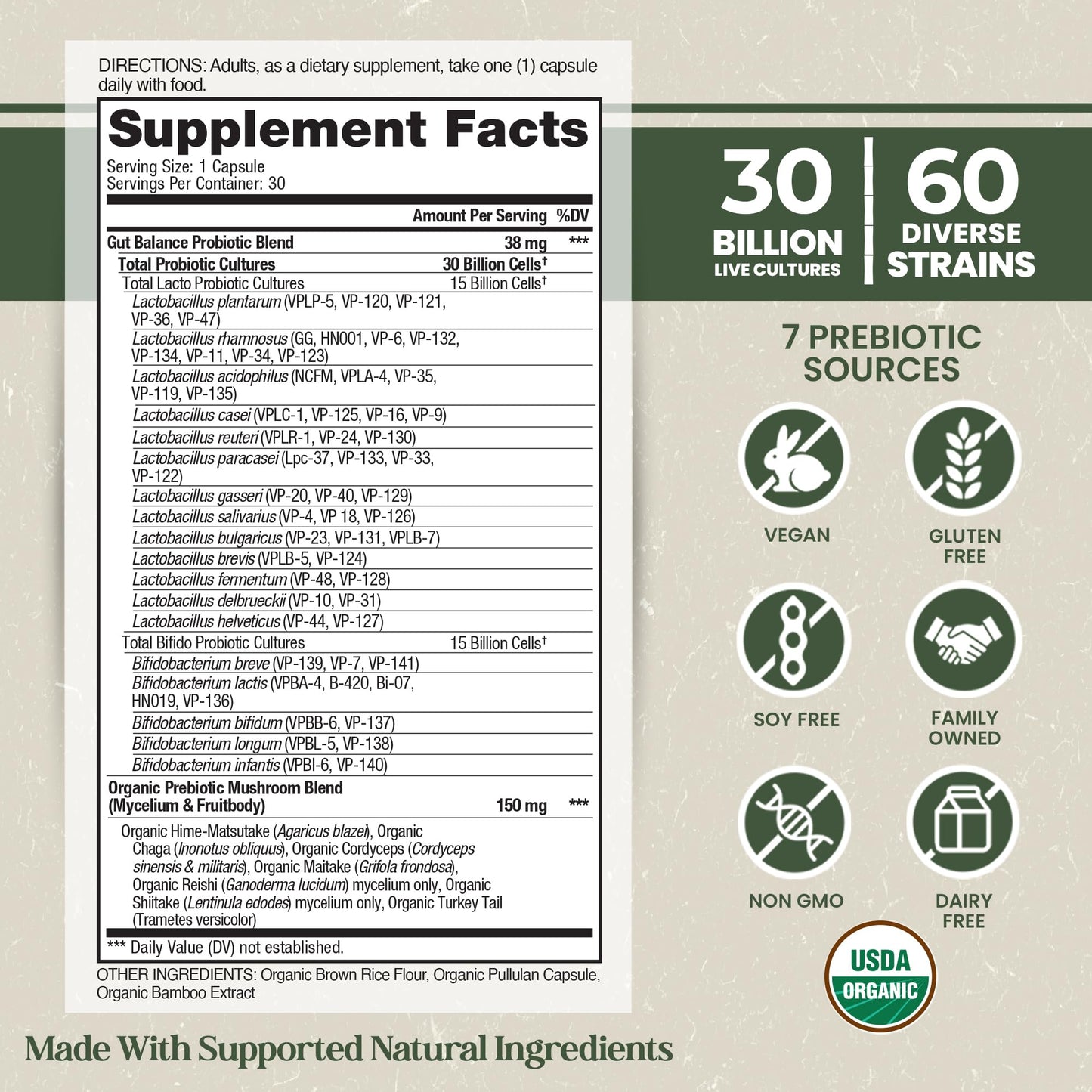 Vital Planet - Organic Flora Probiotics for Gut Health Balance, Shelf Stable Probiotic 30 Billion CFU, 60 Diverse Strains, Prebiotic Organic Mushroom Blend - dailyvitalstore