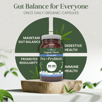 Vital Planet - Organic Flora Probiotics for Gut Health Balance, Shelf Stable Probiotic 30 Billion CFU, 60 Diverse Strains, Prebiotic Organic Mushroom Blend - dailyvitalstore