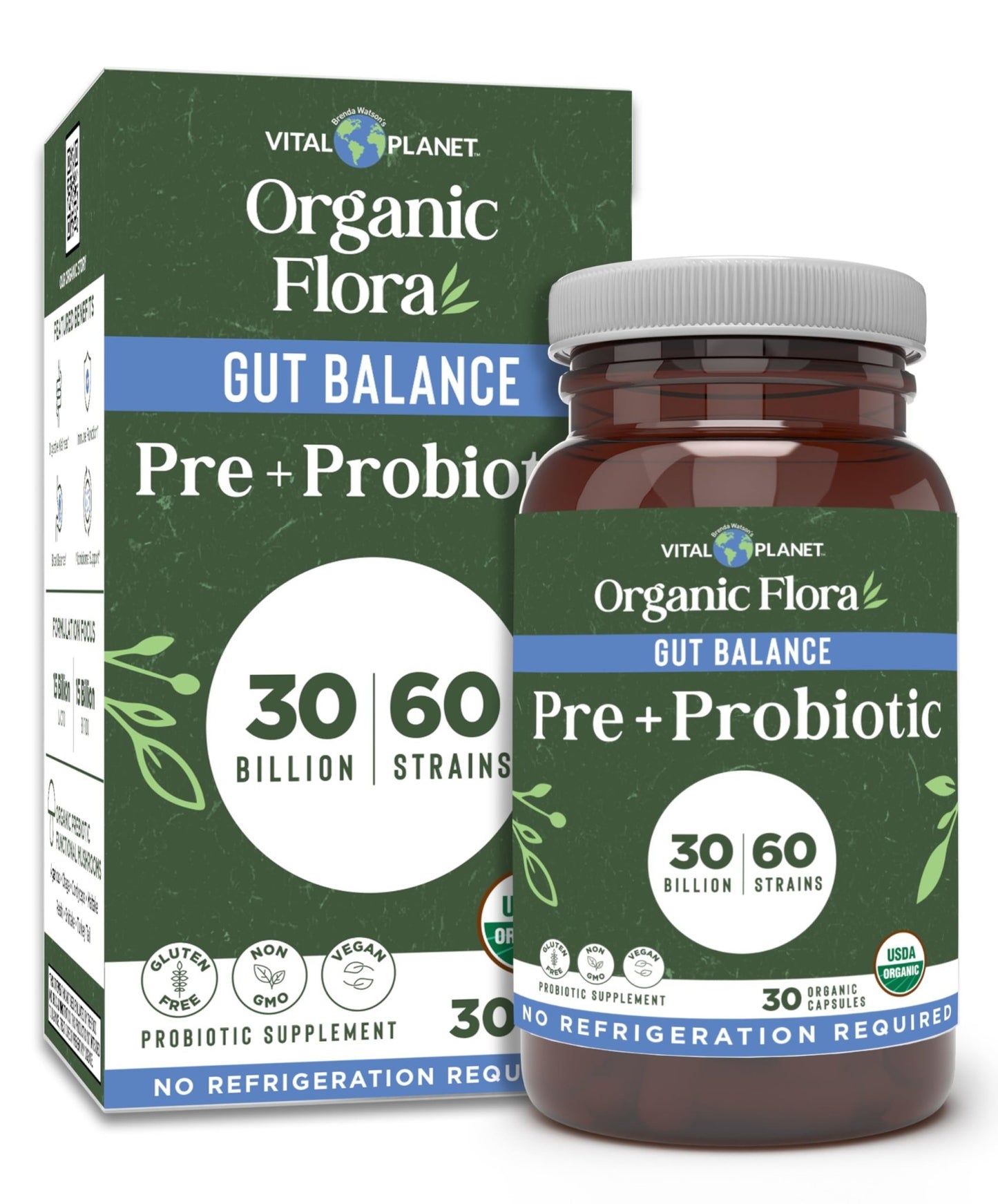 Vital Planet - Organic Flora Probiotics for Gut Health Balance, Shelf Stable Probiotic 30 Billion CFU, 60 Diverse Strains, Prebiotic Organic Mushroom Blend - dailyvitalstore