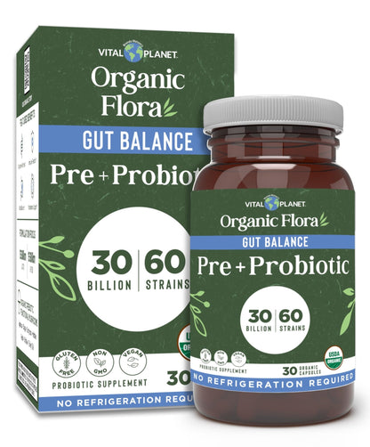 Vital Planet - Organic Flora Probiotics for Gut Health Balance, Shelf Stable Probiotic 30 Billion CFU, 60 Diverse Strains, Prebiotic Organic Mushroom Blend - dailyvitalstore
