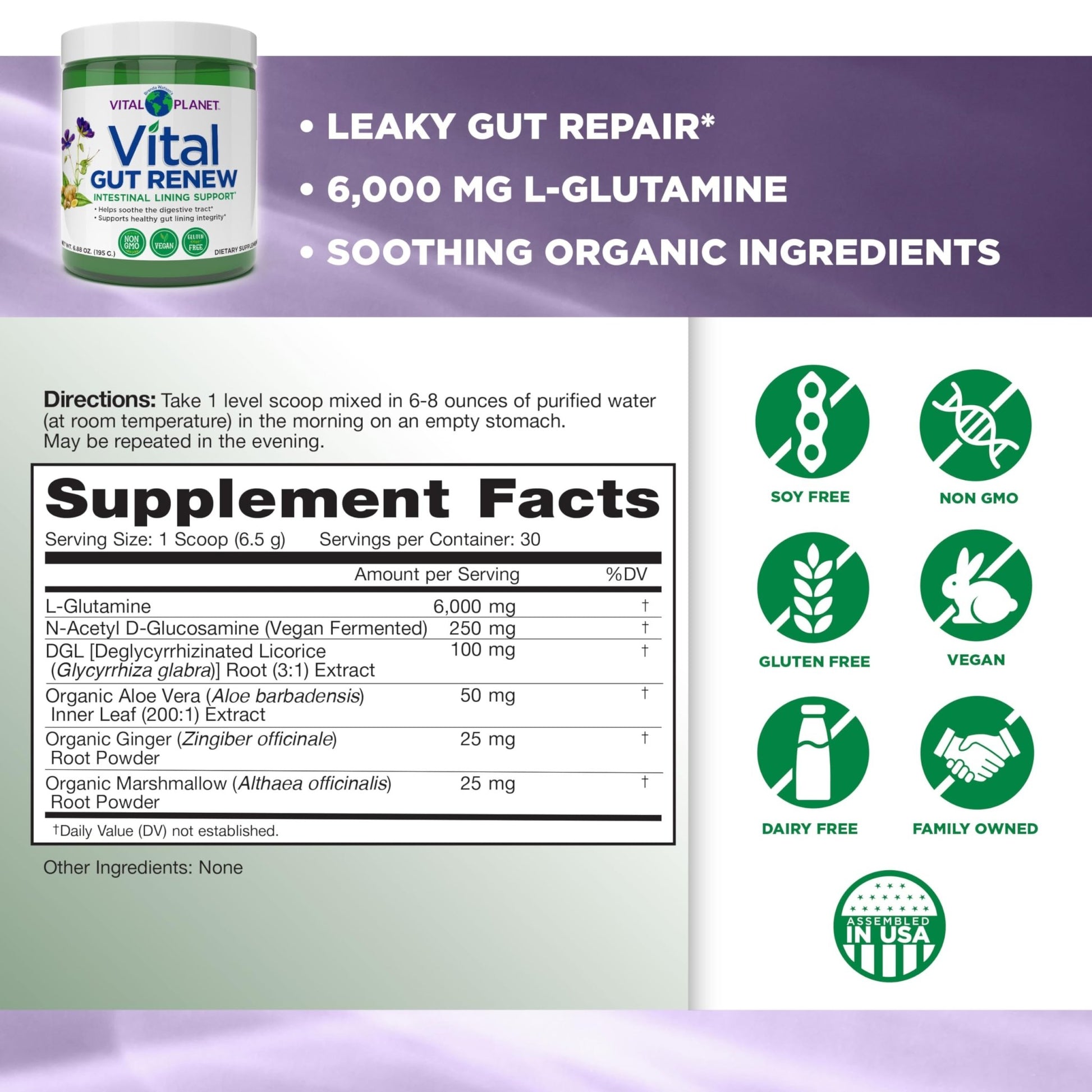 Vital Planet - Vital Gut Renew Powder Supplement for Leaky Gut Repair with L-Glutamine, Marshmallow and Ginger Root, DGL Licorice Root and Organic - dailyvitalstore