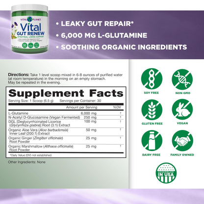 Vital Planet - Vital Gut Renew Powder Supplement for Leaky Gut Repair with L-Glutamine, Marshmallow and Ginger Root, DGL Licorice Root and Organic - dailyvitalstore