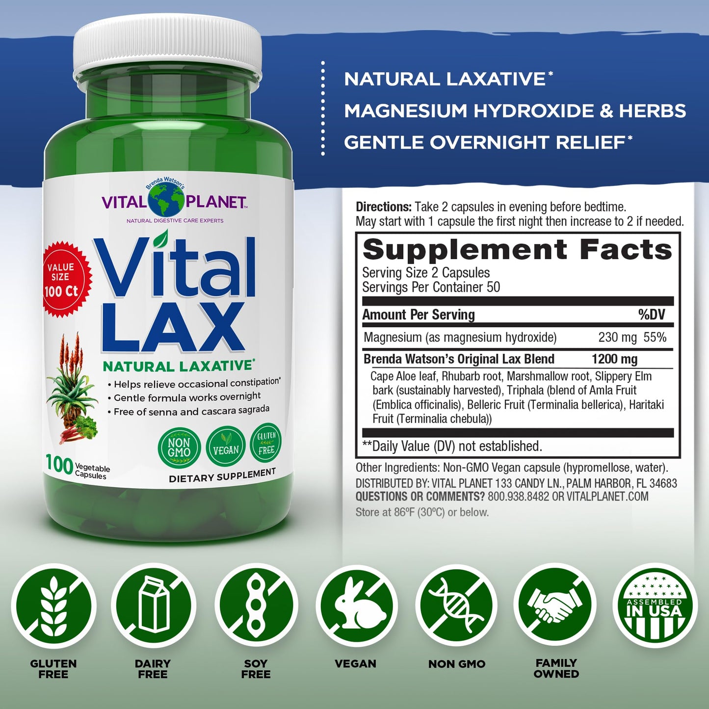 Vital Planet - Vital Lax Natural Laxative Cleanse Supplement for Occasional Constipation, with Magnesium Hydroxide, Slippery Elm, Aloe, - dailyvitalstore