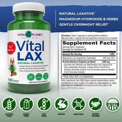 Vital Planet - Vital Lax Natural Laxative Cleanse Supplement for Occasional Constipation, with Magnesium Hydroxide, Slippery Elm, Aloe, - dailyvitalstore