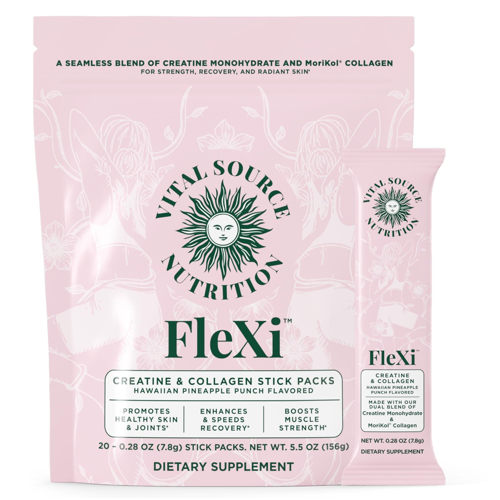 Vital Source Nutrition - Flexi - Creatine & Collagen Stick Packs - 5g Creatine Monohydrate + 1g MoriKol Collagen -Supports Strength, Recovery & Skin Health -20 Servings - dailyvitalstore