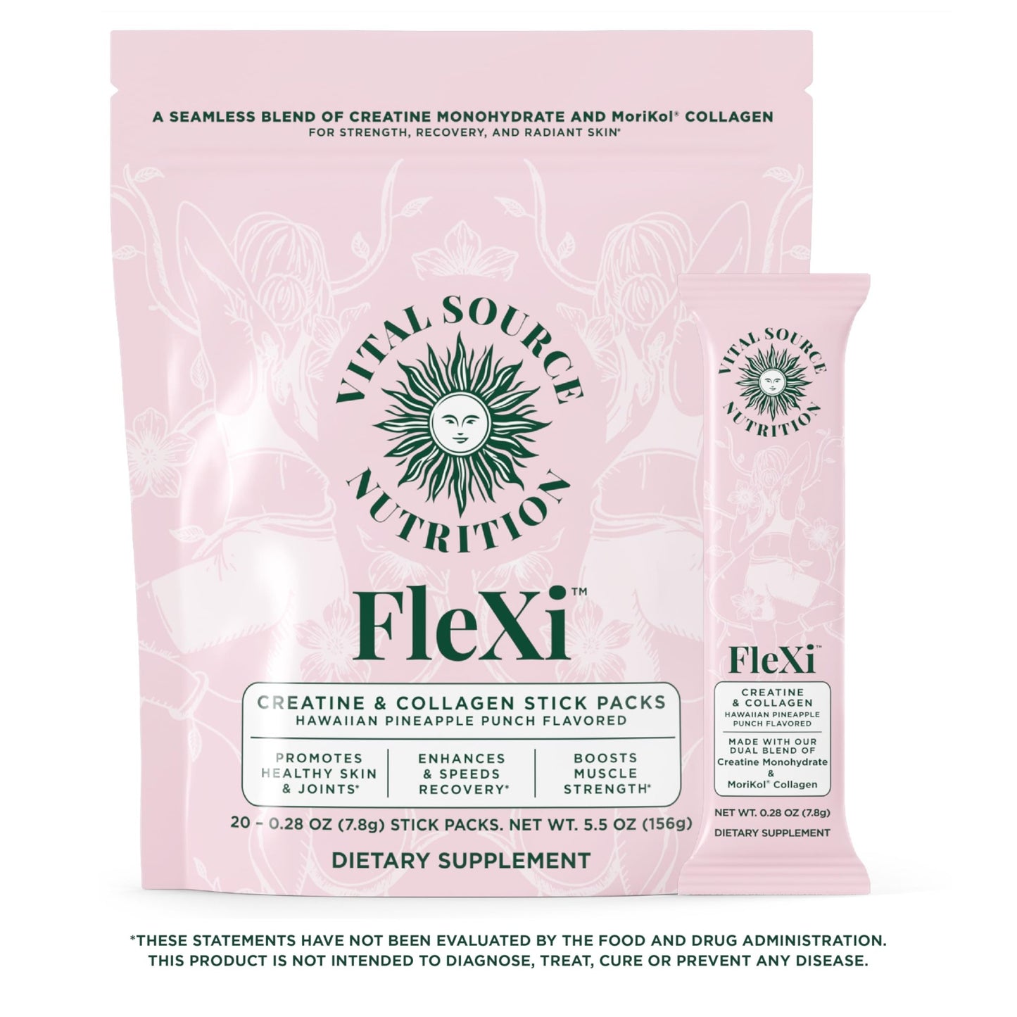 Vital Source Nutrition - Flexi - Creatine & Collagen Stick Packs - 5g Creatine Monohydrate + 1g MoriKol Collagen -Supports Strength, Recovery & Skin Health -20 Servings - dailyvitalstore