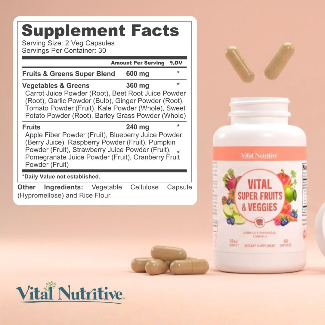 Vital Super Fruits & Veggies - Daily Superfood Capsules for Adults - Fruit & Vegetable Supplements to Boost Immunity & Energy - 2-in-1 Formula for Overall Wellness - dailyvitalstore