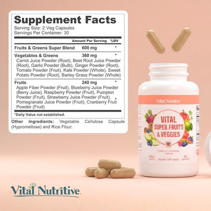 Vital Super Fruits & Veggies - Daily Superfood Capsules for Adults - Fruit & Vegetable Supplements to Boost Immunity & Energy - 2-in-1 Formula for Overall Wellness - dailyvitalstore