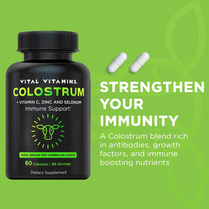 Vital Vitamins Colostrum Supplement - Vitamin C, Zinc, & Selenium - from First Milking - Standardized to Contain 10% IgG Immunoglobulins - Grass-Fed American Cows - 60 Capsules - dailyvitalstore