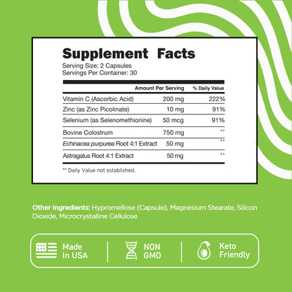 Vital Vitamins Colostrum Supplement - Vitamin C, Zinc, & Selenium - from First Milking - Standardized to Contain 10% IgG Immunoglobulins - Grass-Fed American Cows - 60 Capsules - dailyvitalstore
