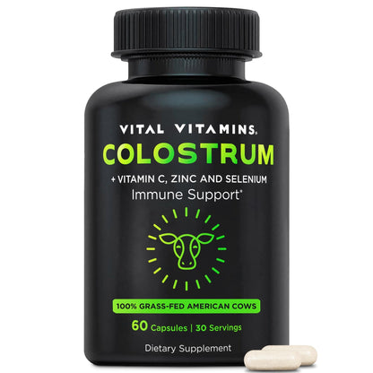 Vital Vitamins Colostrum Supplement - Vitamin C, Zinc, & Selenium - from First Milking - Standardized to Contain 10% IgG Immunoglobulins - Grass-Fed American Cows - 60 Capsules - dailyvitalstore