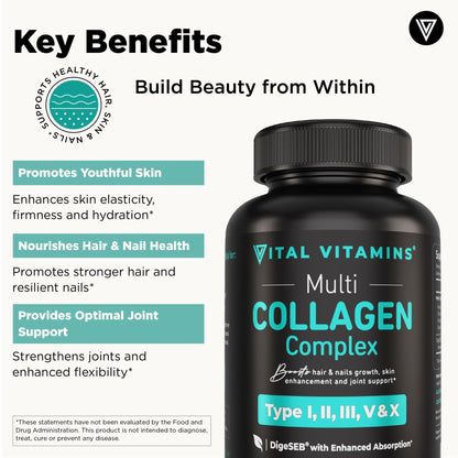 Vital Vitamins Multi Collagen Pills for Women & Men (2-Pack) - Hydrolyzed Collagen Peptides - Type I, II, III, V, X - Grass Fed, Non-GMO - dailyvitalstore