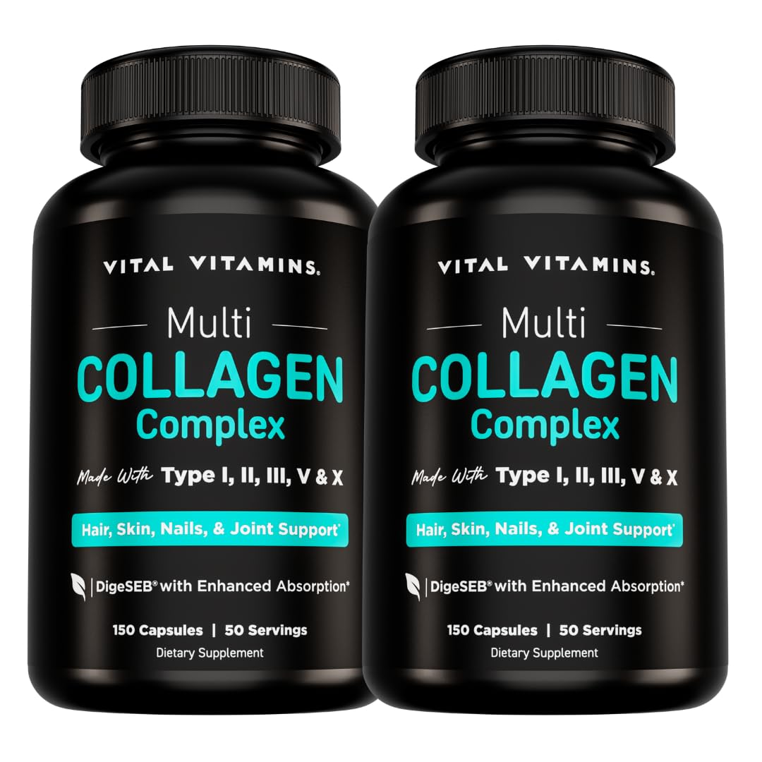 Vital Vitamins Multi Collagen Pills for Women & Men (2-Pack) - Hydrolyzed Collagen Peptides - Type I, II, III, V, X - Grass Fed, Non-GMO - dailyvitalstore