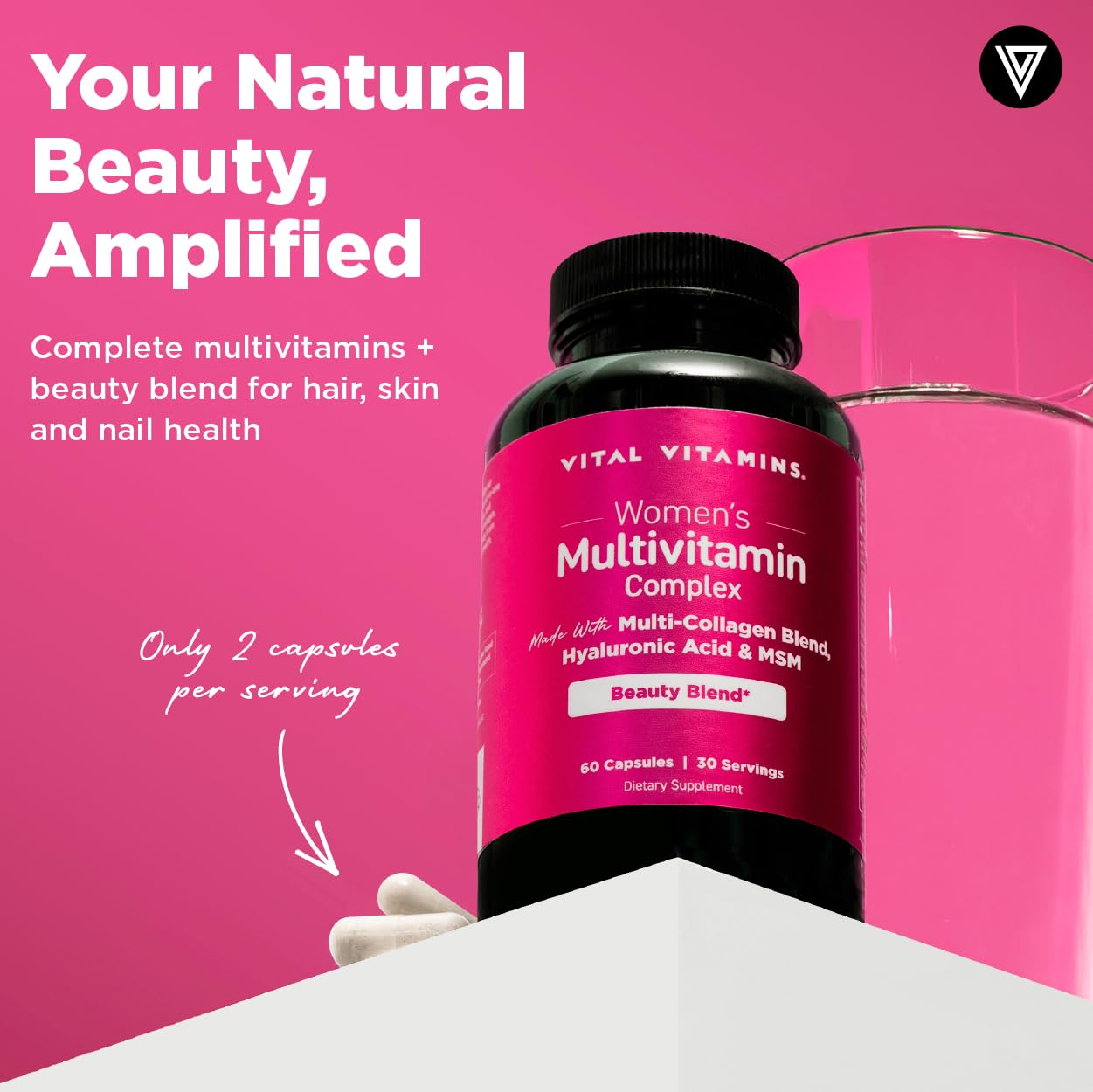 Vital Vitamins Women's Multivitamin Complex - Made with Multi-Collagen Blend, Hyaluronic Acid, & MSM - Beauty Multivitamins - with Vitamin A, C, E, B6, B12, D3-60 Capsules - dailyvitalstore