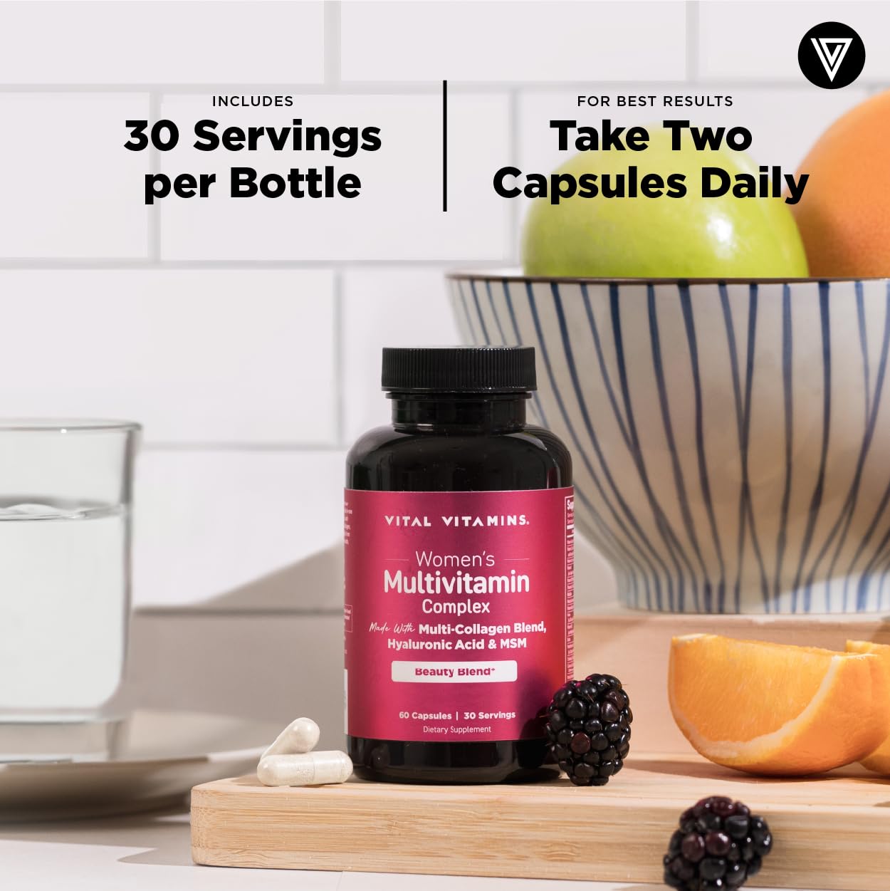 Vital Vitamins Women's Multivitamin Complex - Made with Multi-Collagen Blend, Hyaluronic Acid, & MSM - Beauty Multivitamins - with Vitamin A, C, E, B6, B12, D3-60 Capsules - dailyvitalstore