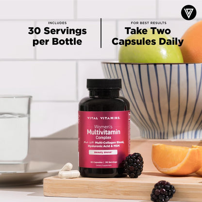Vital Vitamins Women's Multivitamin Complex - Made with Multi-Collagen Blend, Hyaluronic Acid, & MSM - Beauty Multivitamins - with Vitamin A, C, E, B6, B12, D3-60 Capsules - dailyvitalstore
