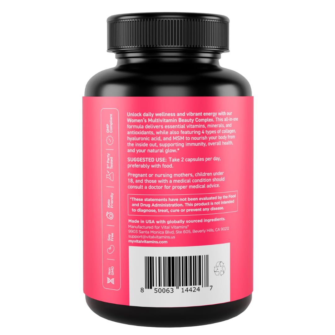Vital Vitamins Women's Multivitamin Complex - Made with Multi-Collagen Blend, Hyaluronic Acid, & MSM - Beauty Multivitamins - with Vitamin A, C, E, B6, B12, D3-60 Capsules - dailyvitalstore