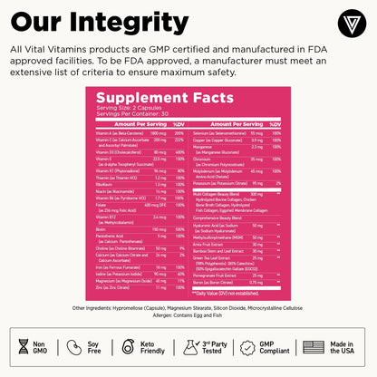 Vital Vitamins Women's Multivitamin Complex - Made with Multi-Collagen Blend, Hyaluronic Acid, & MSM - Beauty Multivitamins - with Vitamin A, C, E, B6, B12, D3-60 Capsules - dailyvitalstore