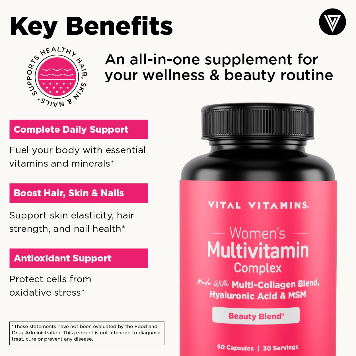 Vital Vitamins Women's Multivitamin Complex - Made with Multi-Collagen Blend, Hyaluronic Acid, & MSM - Beauty Multivitamins - with Vitamin A, C, E, B6, B12, D3-60 Capsules - dailyvitalstore