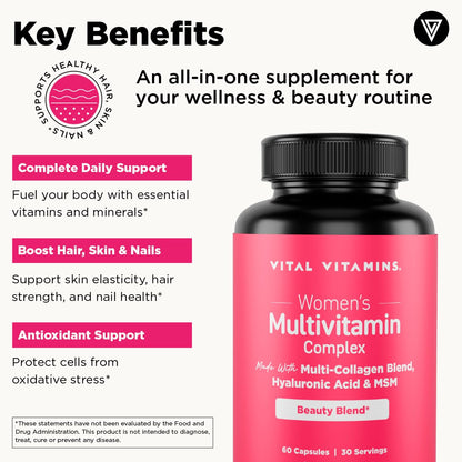 Vital Vitamins Women's Multivitamin Complex - Made with Multi-Collagen Blend, Hyaluronic Acid, & MSM - Beauty Multivitamins - with Vitamin A, C, E, B6, B12, D3-60 Capsules - dailyvitalstore