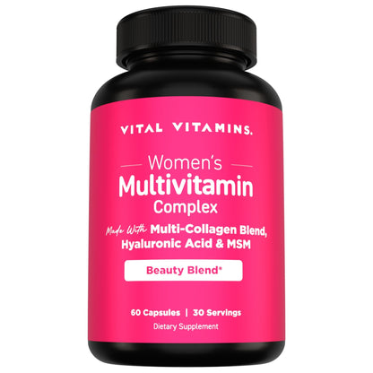 Vital Vitamins Women's Multivitamin Complex - Made with Multi-Collagen Blend, Hyaluronic Acid, & MSM - Beauty Multivitamins - with Vitamin A, C, E, B6, B12, D3-60 Capsules - dailyvitalstore