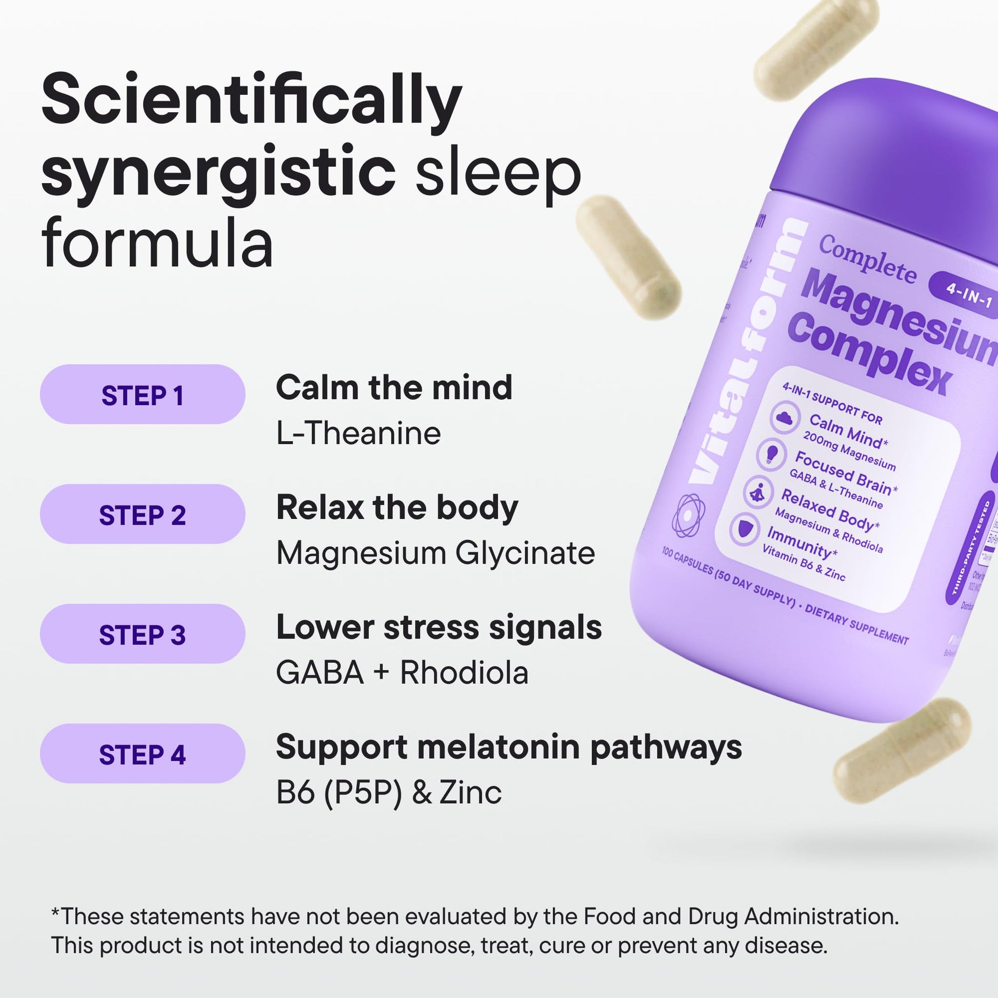 VitalForm Magnesium Glycinate Sleep Complex – Non-Habit Forming Support with L-Theanine, GABA, Zinc & Rhodiola – Promotes Relaxation, Calm & Muscle Recovery – Non-Melatonin – 100 Capsules - dailyvitalstore
