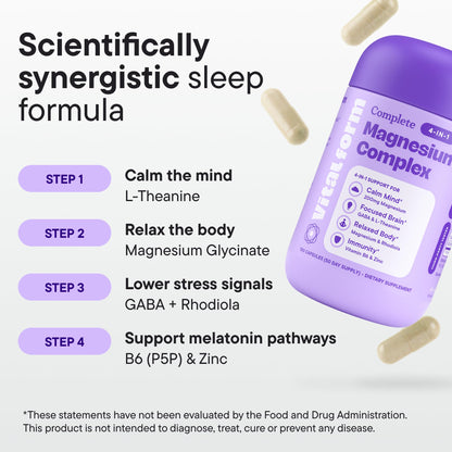 VitalForm Magnesium Glycinate Sleep Complex – Non-Habit Forming Support with L-Theanine, GABA, Zinc & Rhodiola – Promotes Relaxation, Calm & Muscle Recovery – Non-Melatonin – 100 Capsules - dailyvitalstore