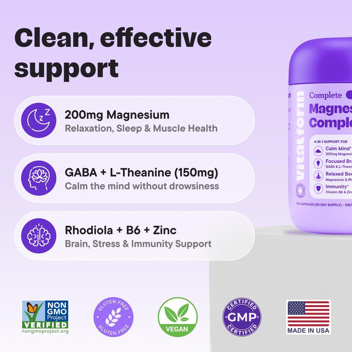 VitalForm Magnesium Glycinate Sleep Complex – Non-Habit Forming Support with L-Theanine, GABA, Zinc & Rhodiola – Promotes Relaxation, Calm & Muscle Recovery – Non-Melatonin – 100 Capsules - dailyvitalstore