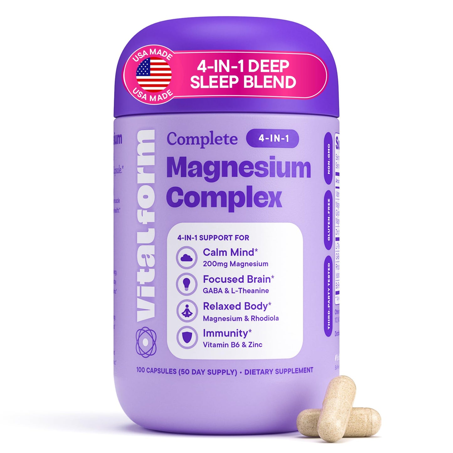 VitalForm Magnesium Glycinate Sleep Complex – Non-Habit Forming Support with L-Theanine, GABA, Zinc & Rhodiola – Promotes Relaxation, Calm & Muscle Recovery – Non-Melatonin – 100 Capsules - dailyvitalstore