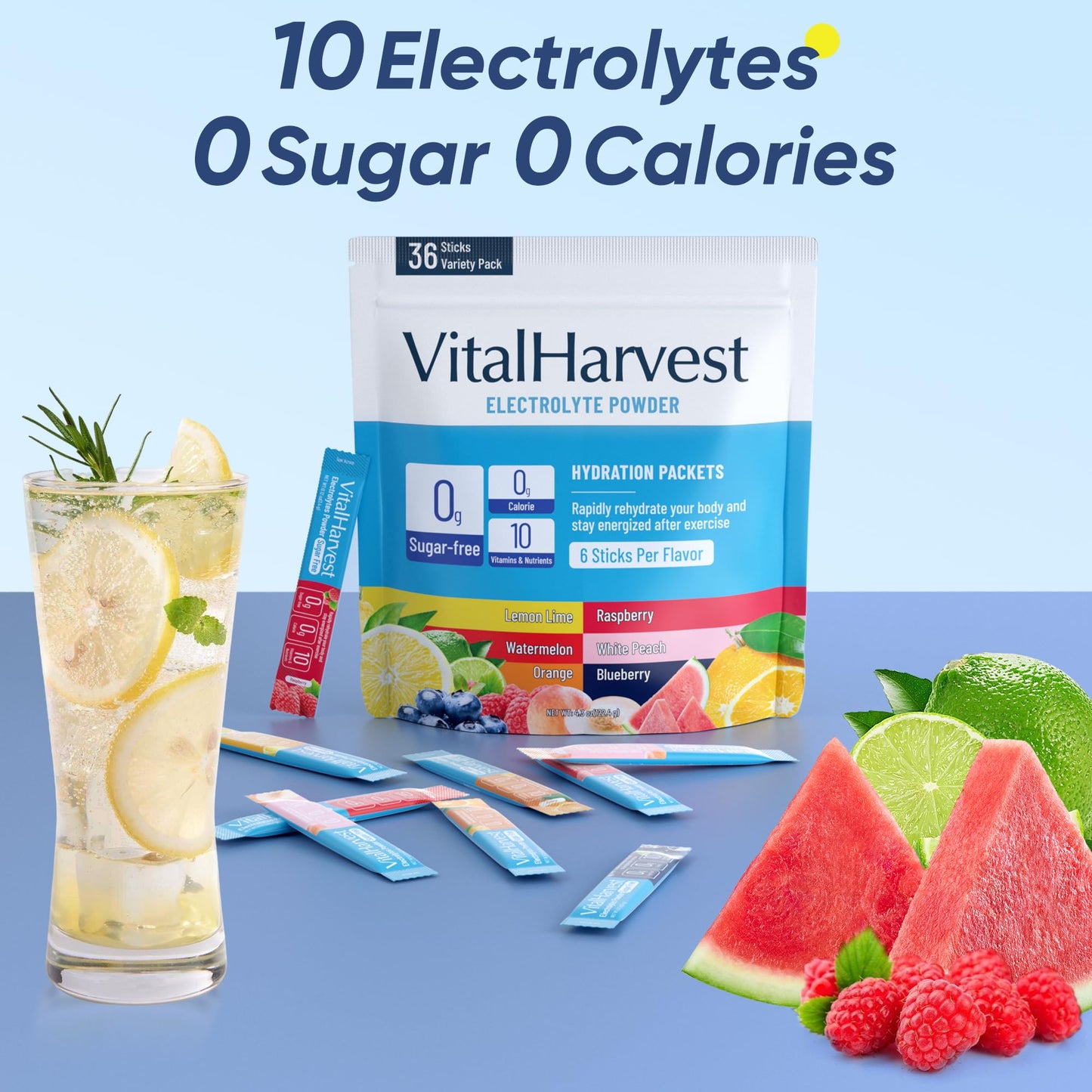 VitalHarvest 36 Sticks Electrolytes Powder Packets 6 Flavors Sugar Free Hydration Packets Electrolyte Liquid Daily IV Drink Mix with Lemon Lime, Watermelon, Orange - dailyvitalstore