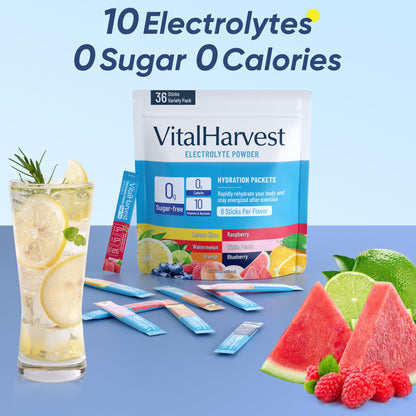 VitalHarvest 36 Sticks Electrolytes Powder Packets 6 Flavors Sugar Free Hydration Packets Electrolyte Liquid Daily IV Drink Mix with Lemon Lime, Watermelon, Orange - dailyvitalstore