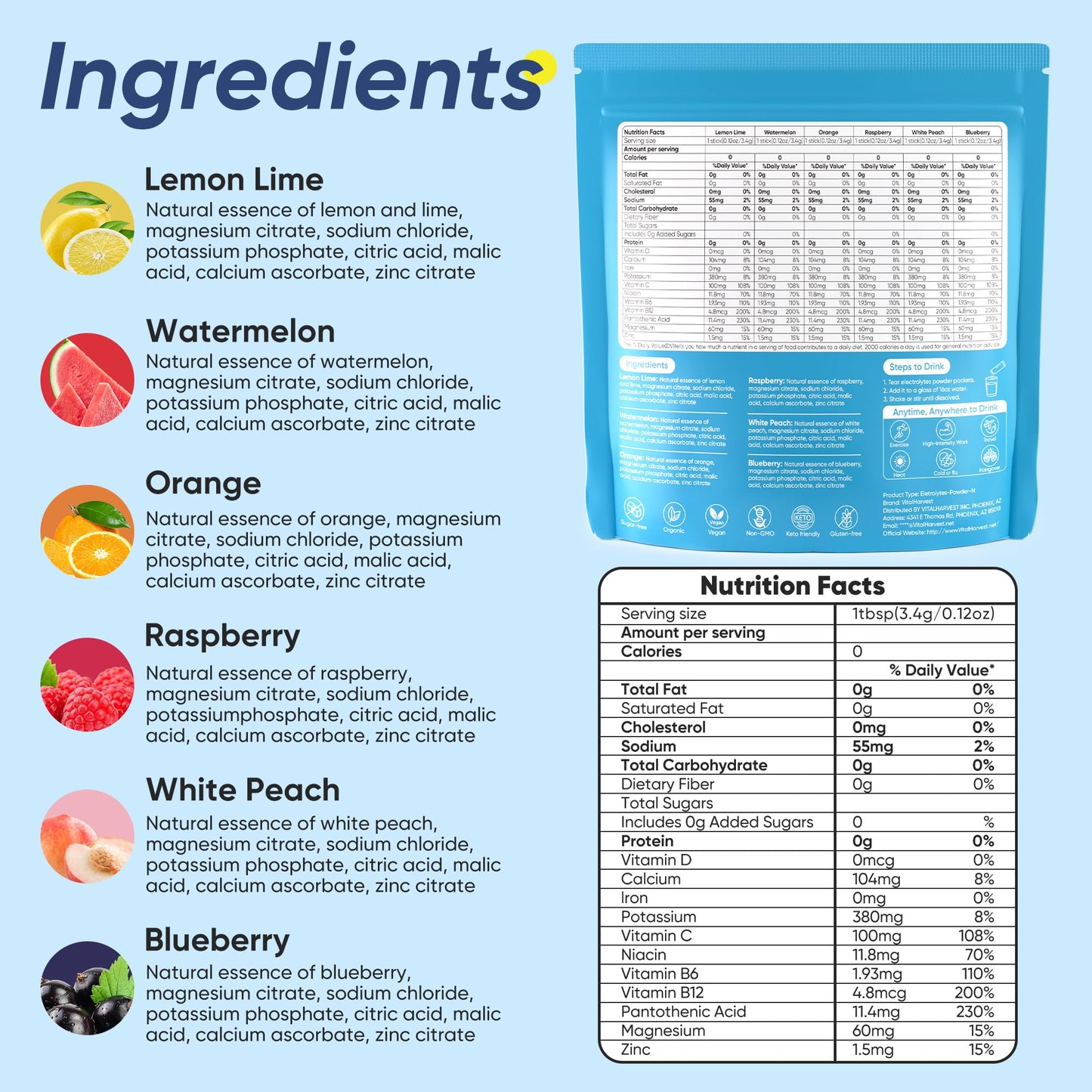 VitalHarvest 36 Sticks Electrolytes Powder Packets 6 Flavors Sugar Free Hydration Packets Electrolyte Liquid Daily IV Drink Mix with Lemon Lime, Watermelon, Orange - dailyvitalstore