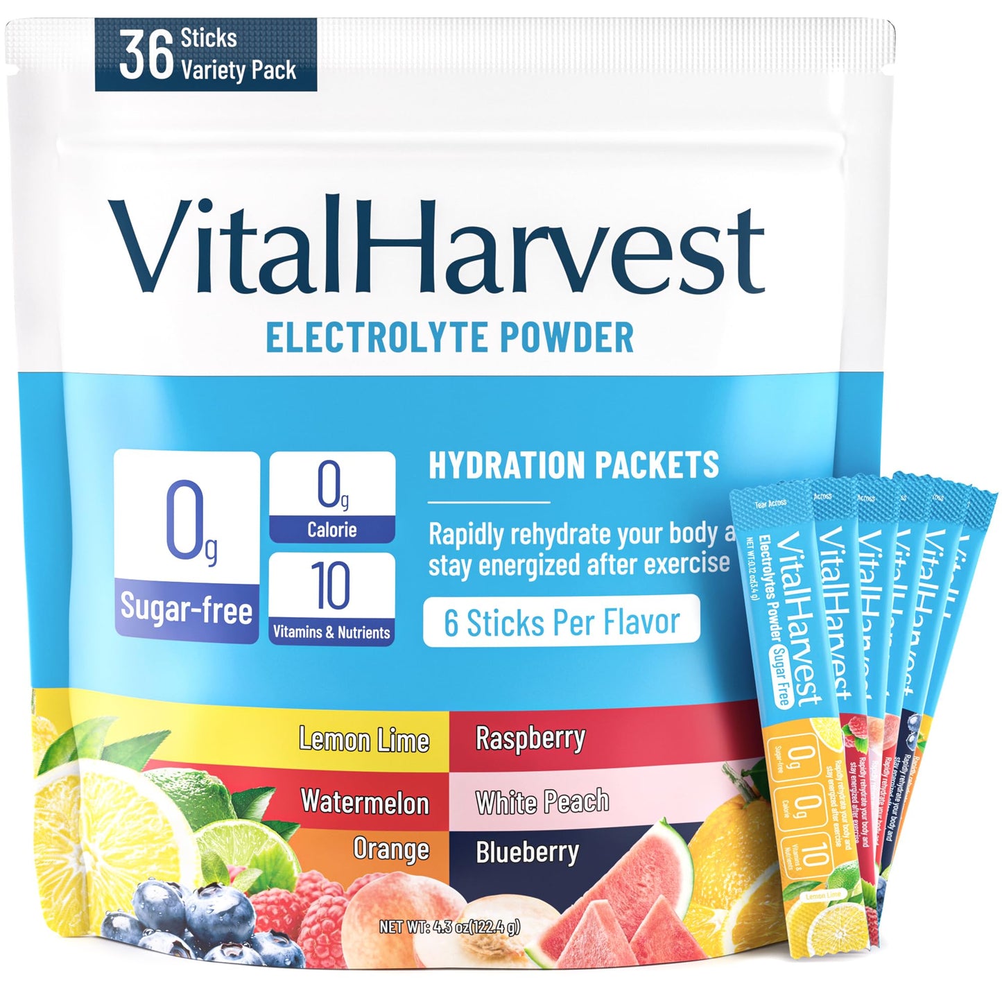 VitalHarvest 36 Sticks Electrolytes Powder Packets 6 Flavors Sugar Free Hydration Packets Electrolyte Liquid Daily IV Drink Mix with Lemon Lime, Watermelon, Orange - dailyvitalstore