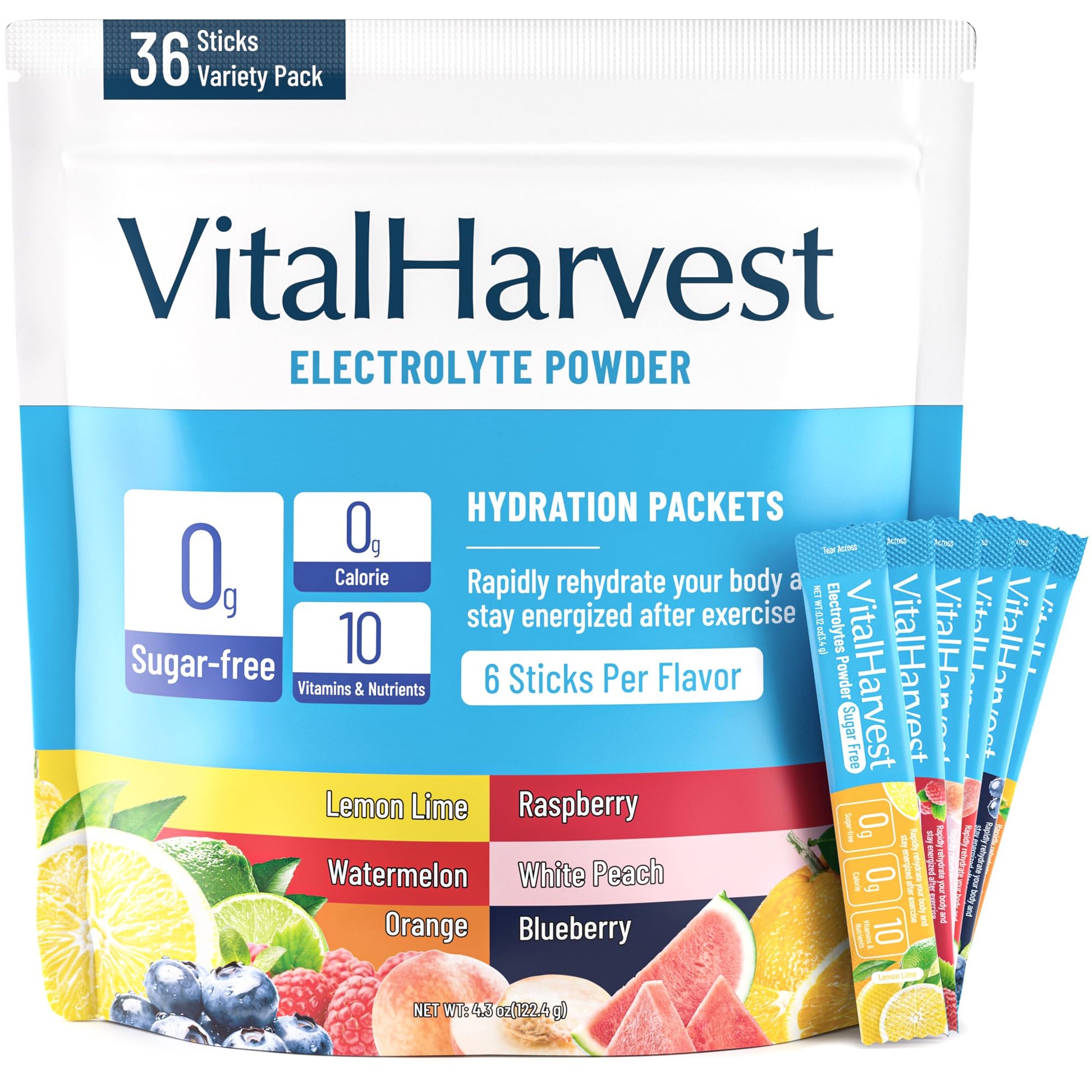 VitalHarvest 36 Sticks Electrolytes Powder Packets 6 Flavors Sugar Free Hydration Packets Electrolyte Liquid Daily IV Drink Mix with Lemon Lime, Watermelon, Orange - dailyvitalstore