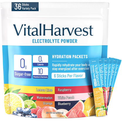 VitalHarvest 36 Sticks Electrolytes Powder Packets 6 Flavors Sugar Free Hydration Packets Electrolyte Liquid Daily IV Drink Mix with Lemon Lime, Watermelon, Orange - dailyvitalstore