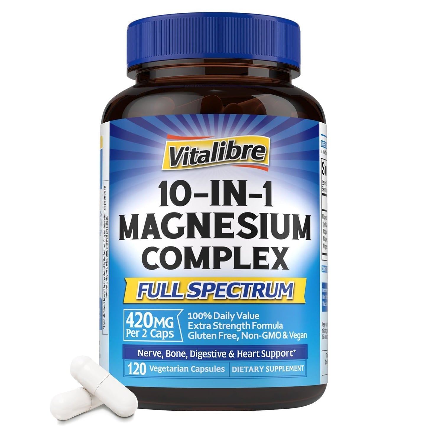 Vitalibre 10 in 1 Magnesium Complex, 420mg Elemental Magnesium | Ultra Strength, Max Absorption | Chelated Magnesium Supplement for Nerves, Bone & Heart Health | Non-GMO, 120 Vegan Capsules - dailyvitalstore