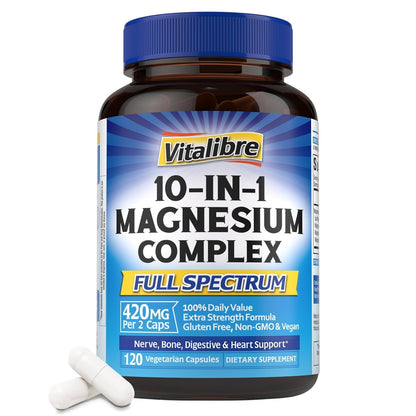 Vitalibre 10 in 1 Magnesium Complex, 420mg Elemental Magnesium | Ultra Strength, Max Absorption | Chelated Magnesium Supplement for Nerves, Bone & Heart Health | Non-GMO, 120 Vegan Capsules - dailyvitalstore