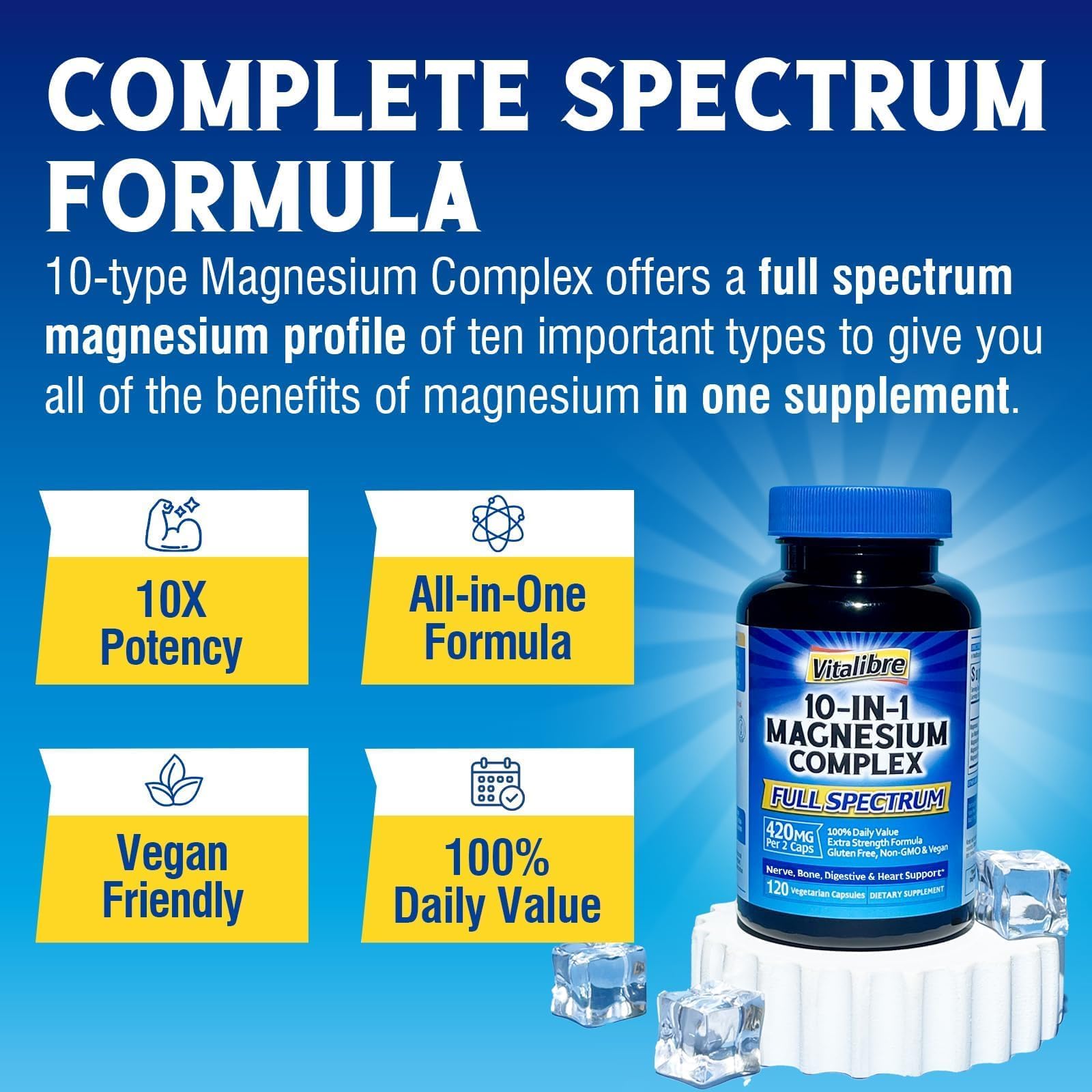 Vitalibre 10 in 1 Magnesium Complex, 420mg Elemental Magnesium | Ultra Strength, Max Absorption | Chelated Magnesium Supplement for Nerves, Bone & Heart Health | Non-GMO, 120 Vegan Capsules - dailyvitalstore