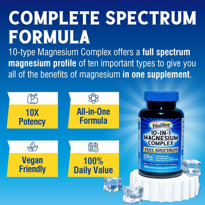 Vitalibre 10 in 1 Magnesium Complex, 420mg Elemental Magnesium | Ultra Strength, Max Absorption | Chelated Magnesium Supplement for Nerves, Bone & Heart Health | Non-GMO, 120 Vegan Capsules - dailyvitalstore