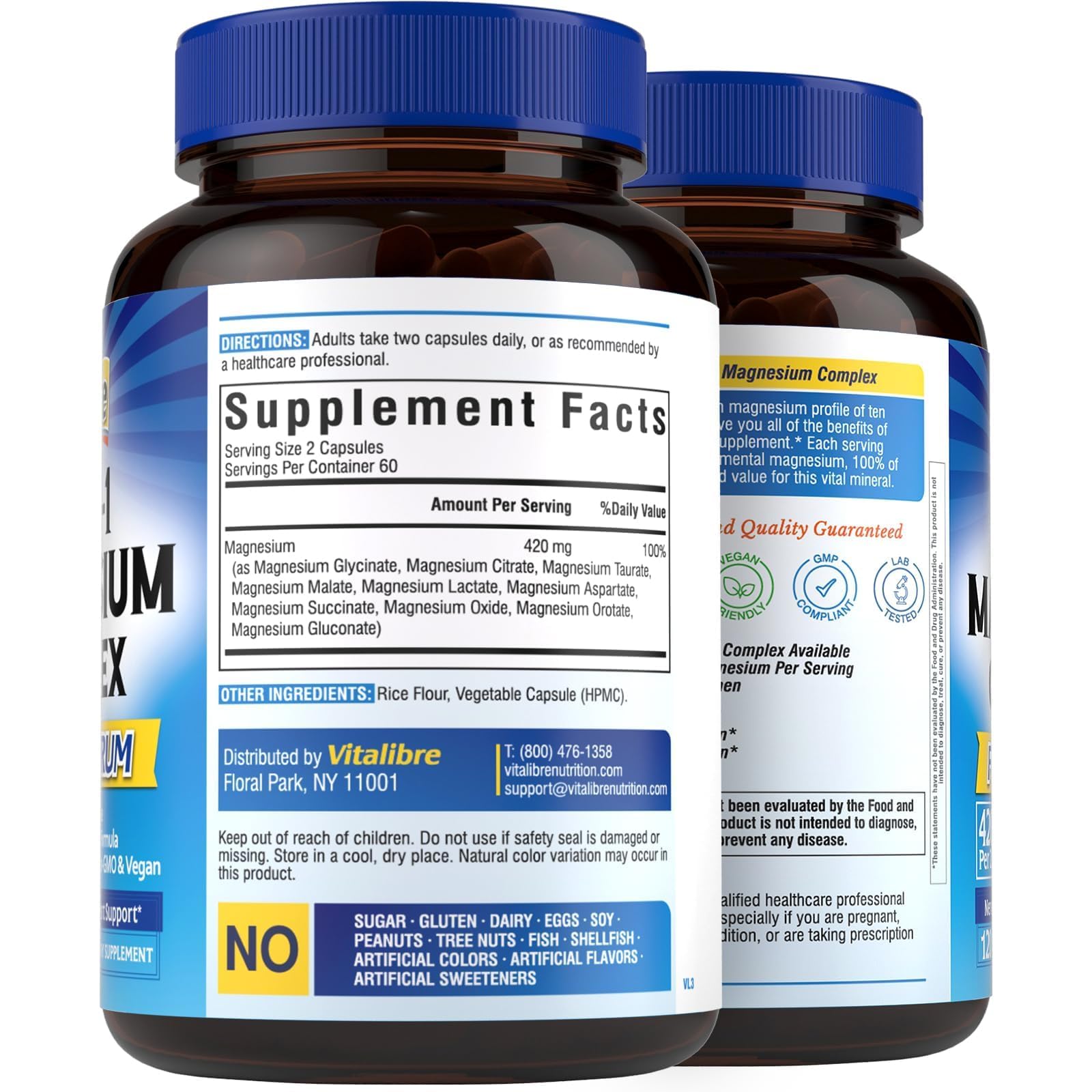 Vitalibre 10 in 1 Magnesium Complex, 420mg Elemental Magnesium | Ultra Strength, Max Absorption | Chelated Magnesium Supplement for Nerves, Bone & Heart Health | Non-GMO, 120 Vegan Capsules - dailyvitalstore