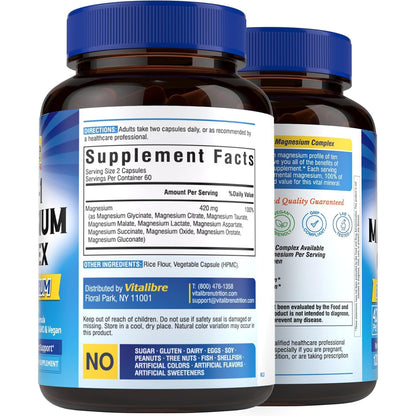 Vitalibre 10 in 1 Magnesium Complex, 420mg Elemental Magnesium | Ultra Strength, Max Absorption | Chelated Magnesium Supplement for Nerves, Bone & Heart Health | Non-GMO, 120 Vegan Capsules - dailyvitalstore