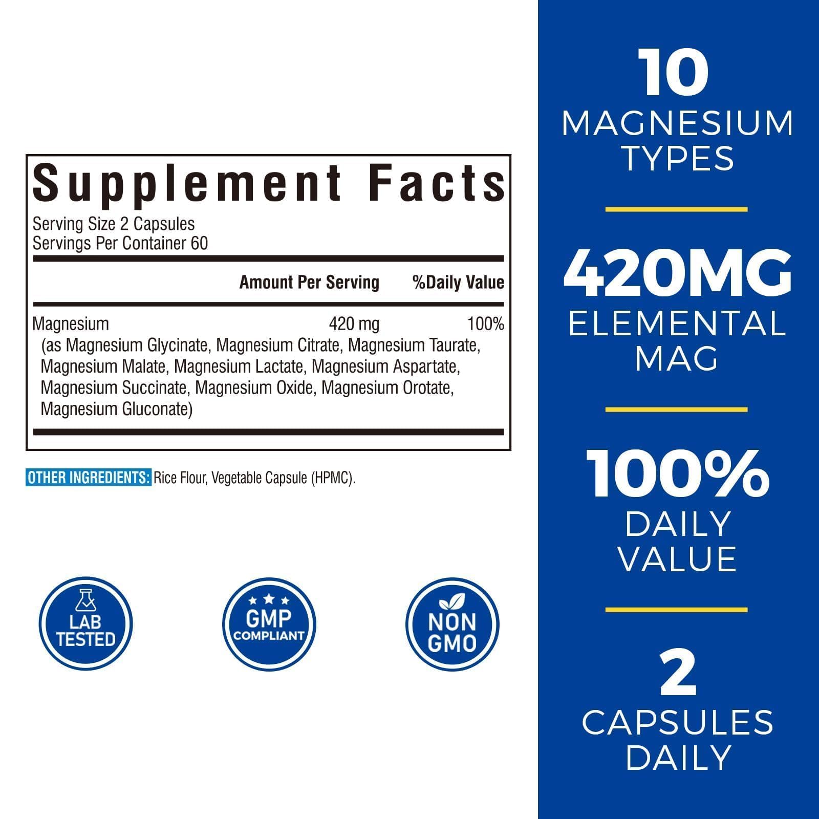 Vitalibre 10 in 1 Magnesium Complex, 420mg Elemental Magnesium | Ultra Strength, Max Absorption | Chelated Magnesium Supplement for Nerves, Bone & Heart Health | Non-GMO, 120 Vegan Capsules - dailyvitalstore