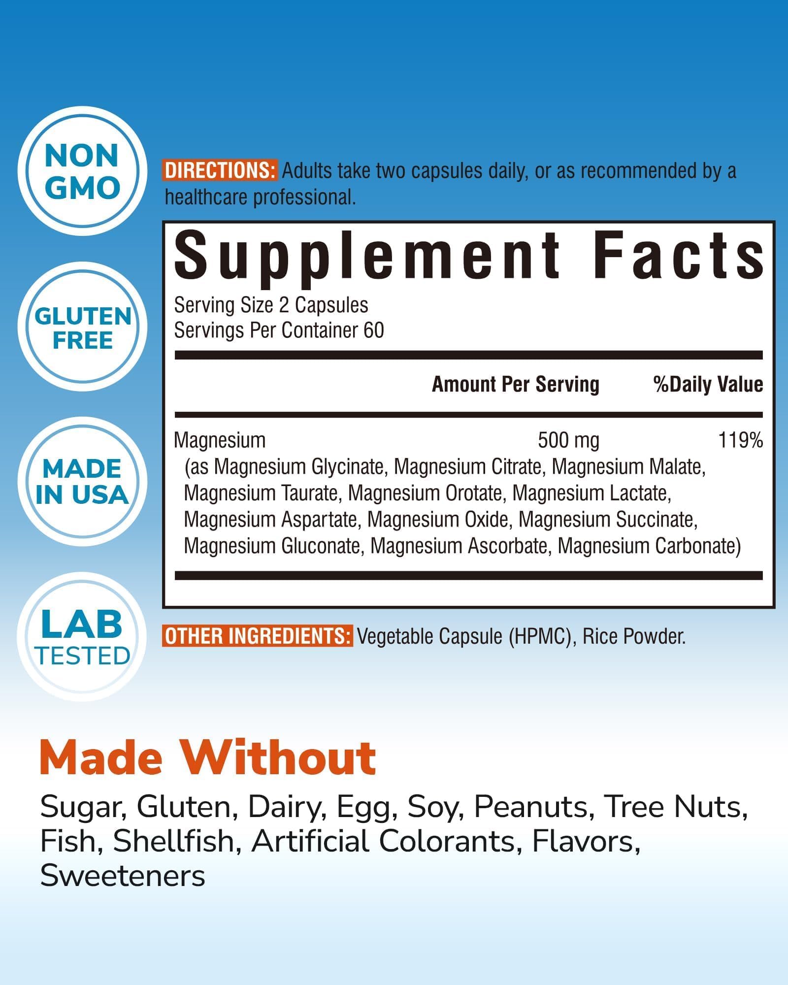 Vitalibre 12 in 1 Magnesium Complex Supplement 500mg | Max Absorption Chelated Magnesium Glycinate Citrate Malate & More for Bone, Nerve & Digestive Support | Non-GMO Vegan Capsules (120 Count) - dailyvitalstore