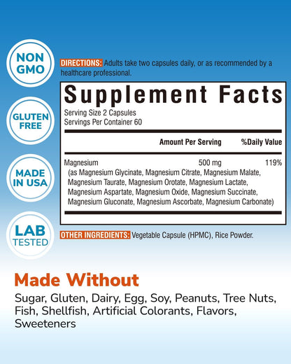 Vitalibre 12 in 1 Magnesium Complex Supplement 500mg | Max Absorption Chelated Magnesium Glycinate Citrate Malate & More for Bone, Nerve & Digestive Support | Non-GMO Vegan Capsules (120 Count) - dailyvitalstore